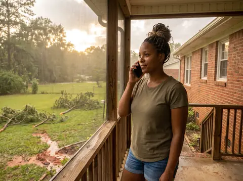 A woman on a screened back porch talks on the phone after a summer storm, broken pine branches on the wet lawn.