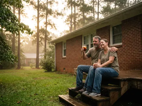 A couple sit on the back steps of their brick house with glasses of iced tea and smile, pines behind them after the rain.